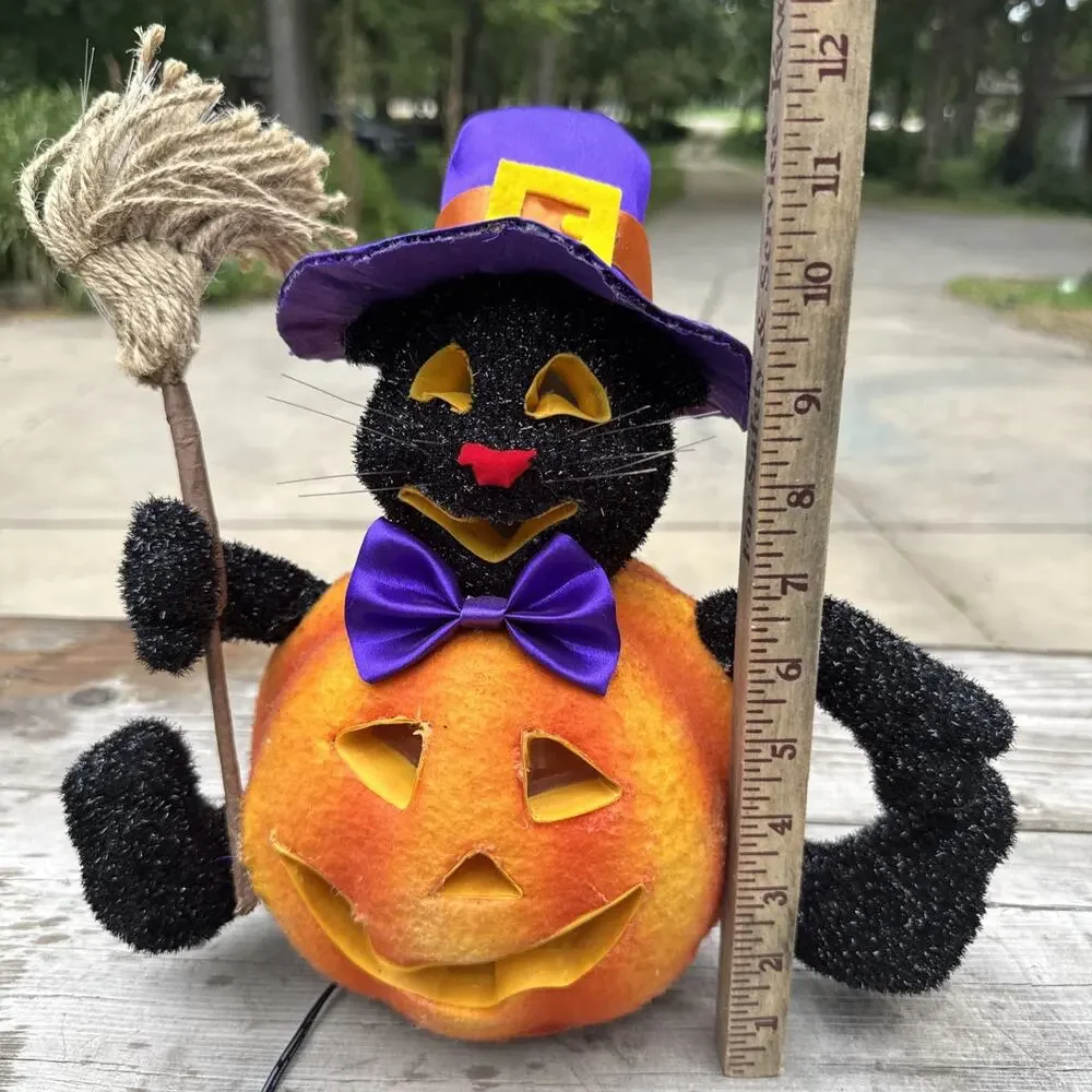 Vtg Fiber Optic Wizard Witch Black Cat Hat Jack ‘O Lantern Lighted 12” Halloween